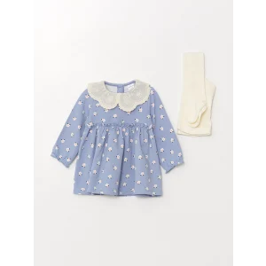 LCW baby Mavi Bebe Yaka Uzun Kollu Çiçekli Kız Bebek Elbise ve Külotlu Çorap 2li Takım