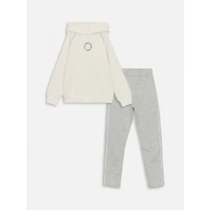 LCW Kids Ekru Baskılı Uzun Kollu Kız Çocuk Sweatshirt ve Tayt