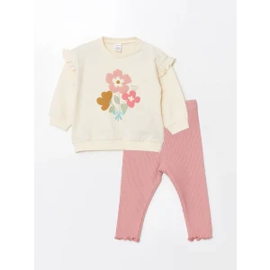 LCW baby Ekru Bisiklet Yaka Uzun Kollu Baskılı Kız Bebek Sweatshirt ve Tayt 2li Takım