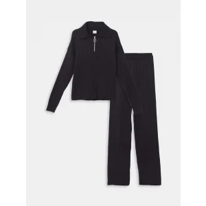 LCW Kids Siyah Polo Yaka Kız Çocuk Kazak ve Pantolon