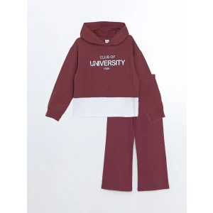 LCW Kids Bordo Kapüşonlu Baskılı Kız Çocuk Sweatshirt ve Eşofman Alt 2li Takım