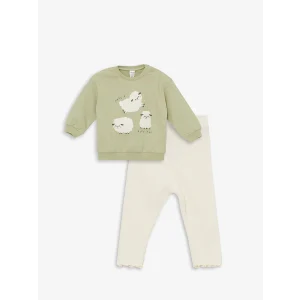 LCW baby Yeşil Bisiklet Yaka Uzun Kollu Baskılı Kız Bebek Sweatshirt ve Tayt 2li Takım