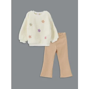 LCW Kids Bej Bisiklet Yaka Nakışlı Uzun Kollu Kız Çocuk Sweatshirt ve Tayt