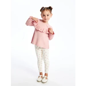 LCW baby Pembe Bisiklet Yaka Uzun Kollu Nakışlı Kız Bebek Bluz ve Tayt Pantolon 2li Takım