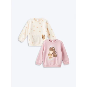 LCW Kids Ekru Bisiklet Yaka Uzun Kollu Baskılı Kız Çocuk Sweatshirt 2li