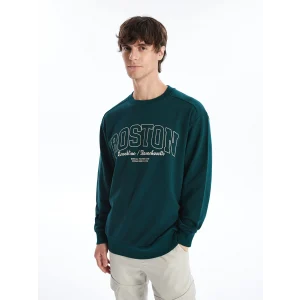 XSIDE Yeşil Bisiklet Yaka Baskılı Erkek Kalın Sweatshirt