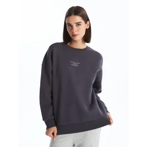 LCW Vision Antrasit Bisiklet Yaka Baskılı Oversize Kadın Kalın Sweatshirt