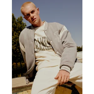 XSIDE Bej Bisiklet Yaka Baskılı Erkek Kalın Sweatshirt