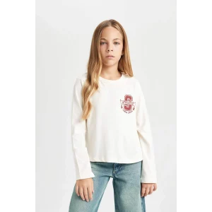 Defacto D4270 Ekru Kız Çocuk Relax Fit Bisiklet Yaka Baskılı Uzun Kollu Okul Tişörtü