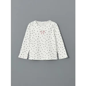 LCW Kids Ekru Bisiklet Yaka Puantiyeli Kız Çocuk Tişört