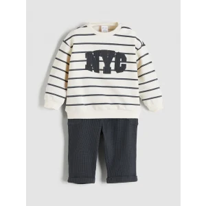 LCW baby Ekru Nakışlı Erkek Bebek Sweatshirt ve Pantolon 2li