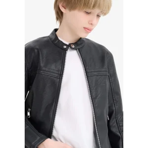 Defacto C4320A8BK27 Siyah Erkek Çocuk Su Geçirmez Fermuarlı Suni Deri Ceket Mont