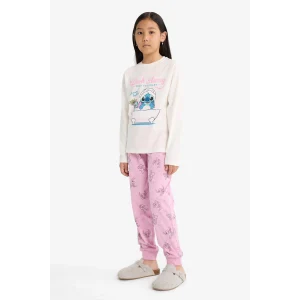 Defacto F7356A8ER105 Ekru Kız Çocuk Disney Lilo & Stitch Pijama Takımı Uzun Kollu Üst Uzun Alt