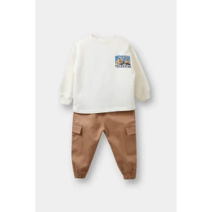 Defacto F1587A5ER105 Ekru Erkek Bebek 2li Takım Baskılı Sweatshirt Kargo Cepli Pantolon