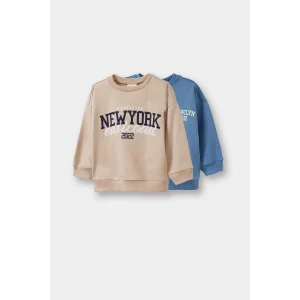 Defacto F3463A5BG775 Bej Erkek Bebek Bisiklet Yaka Baskılı İçi Yumuşak Tüylü 2li Sweatshirt