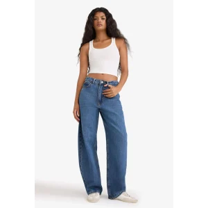 Defacto F7688AXNM34 Mavi Barrel Fit Yüksek Bel Katlamalı Paça Jean Yıkamalı Pantolon