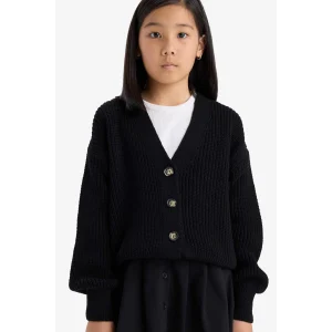 Defacto A2298A8BK27 Siyah Kız Çocuk V Yaka Düğmeli Triko Hırka