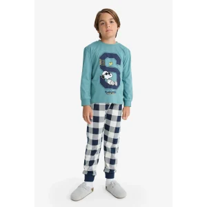 Defacto F3352A8GN1164 Yeşil Erkek Çocuk Snoopy Pijama Takımı Uzun Kollu Üst Uzun Alt