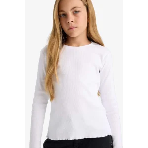 Defacto B2387A8WT34 Beyaz Kız Çocuk Bisiklet Yaka Basic Düz Fitilli Kaşkorse Uzun Kollu Okul Tişörtü