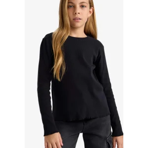 Defacto B2387A8BK81 Siyah Kız Çocuk Bisiklet Yaka Basic Düz Fitilli Kaşkorse Uzun Kollu Okul Tişörtü