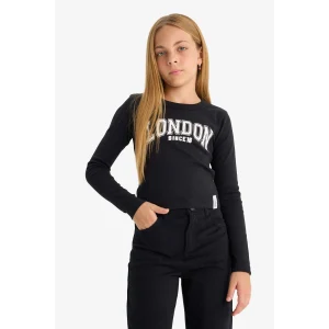 Defacto C7465A8BK81 Siyah Kız Çocuk Slim Fit Dar Kesim Bisiklet Yaka Baskılı Fitilli Kaşkorse Uzun Kollu Tişört