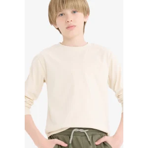 Defacto K1686A6BG734 Bej Erkek Çocuk Bisiklet Yaka Basic Düz Uzun Kollu Okul Tişörtü