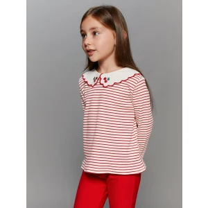 LCW Kids Kirmizi Bebe Yaka Uzun Kollu Çizgili Kız Çocuk Tişört