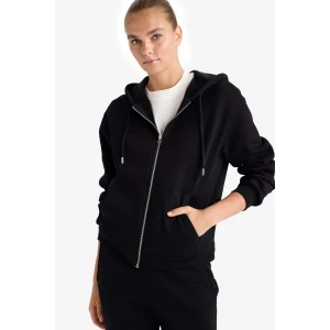 Defacto C1809AXBK81 Siyah Relax Fit Kapüşonlu Basic Düz Kalın Fermuarlı Sweatshirt