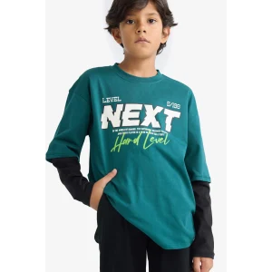 Defacto E9589A8GN155 Yeşil Erkek Çocuk Oversize Geniş Kalıp Bisiklet Yaka Baskılı Uzun Kollu Tişört