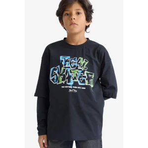 Defacto E9585A8NV86 Lacivert Erkek Çocuk Oversize Geniş Kalıp Bisiklet Yaka Baskılı Uzun Kollu Tişört