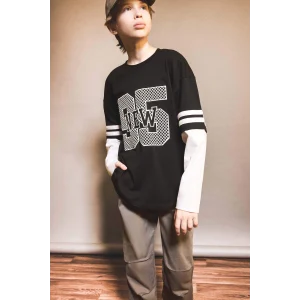 Defacto G1687A8BK81 Siyah Erkek Çocuk Oversize Geniş Kalıp Bisiklet Yaka Baskılı Uzun Kollu Tişört