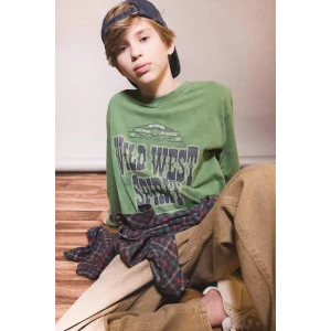 Defacto G1816A8GN957 Yeşil Erkek Çocuk Bisiklet Yaka Baskılı Uzun Kollu Tişört