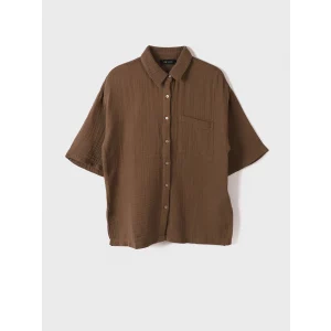 LCW Vision Kahverengi Önden Düğme Kapamalı Düz Cep Detaylı Kısa Kollu Kadın Gömlek