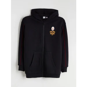 LC WAIKIKI Siyah Kapüşonlu Galatasaray Baskılı Erkek Çocuk Fermuarlı Sweatshirt