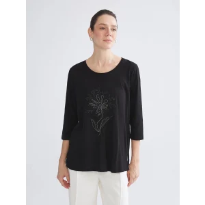 LCW Grace Siyah Bisiklet Yaka Çiçek Nakışlı Bluz