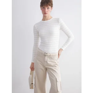 LCWAIKIKI Classic Ekru Bisiklet Yaka Çizgili Kadın Tişört