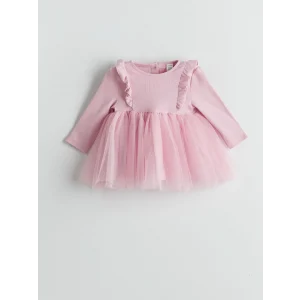 LCW baby Pembe Bisiklet Yaka Tütülü Kız Bebek Elbise