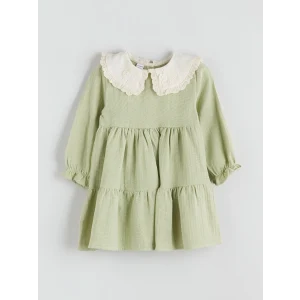 LCW Kids Yeşil Bebe Yaka Müslin Kız Çocuk Elbise