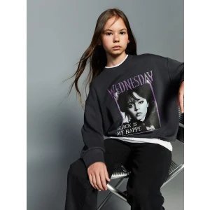 LCW Kids Gri Bisiklet Yaka Wednesday Baskılı Kız Çocuk Sweatshirt