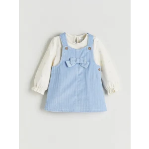 LCW baby Mavi Fiyonk Detaylı Kadife Kız Bebek Salopet Elbise ve Tişört