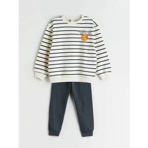 LCW Kids Bej Bisiklet Yaka Çizgili Erkek Çocuk Sweatshirt ve Pantolon 2li Takım