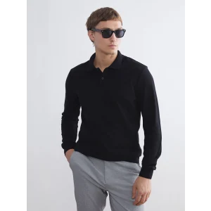 LCWAIKIKI Basic Siyah Polo Yaka Uzun Kollu Pike Erkek Tişört