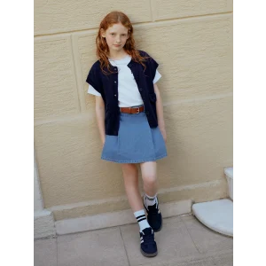 LCW Kids Indigo Beli Lastikli Pileli Kız Çocuk Jean Şort Etek