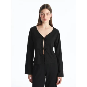 LCWAIKIKI Classic Siyah V Yaka Bağlamalı Dokulu Bluz