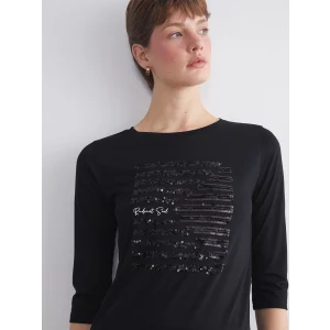 LCWAIKIKI Classic Siyah Bisiklet Yaka Pul İşlemeli Bluz