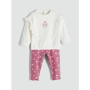 LCW baby Bej Bisiklet Yaka Çiçekli Kız Bebek Sweatshirt ve Tayt 2li