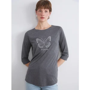 LCWAIKIKI Classic Antrasit Bisiklet Yaka Taşlı Kadın Tişört