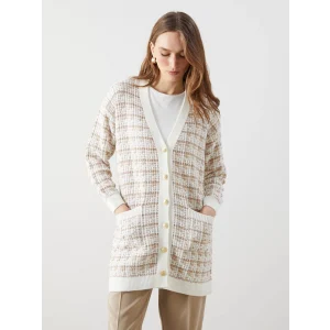 LCWAIKIKI Classic Kahverengi V Yaka Desenli Kadın Triko Hırka