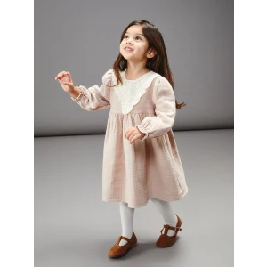 LCW baby Bej Bebe Yaka Müslin Kız Bebek Elbise