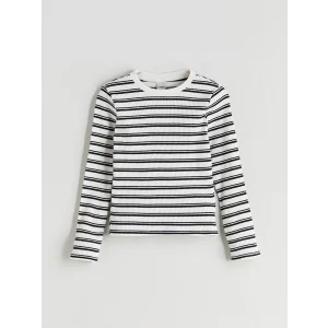 LCW Kids Siyah Bisiklet Yaka Çizgili Kız Çocuk Tişört